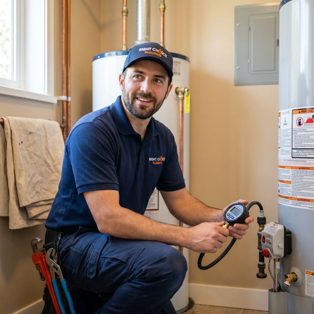 Right Choice Plumbing licensed plumber in Vancouver working on a hot water tank repair