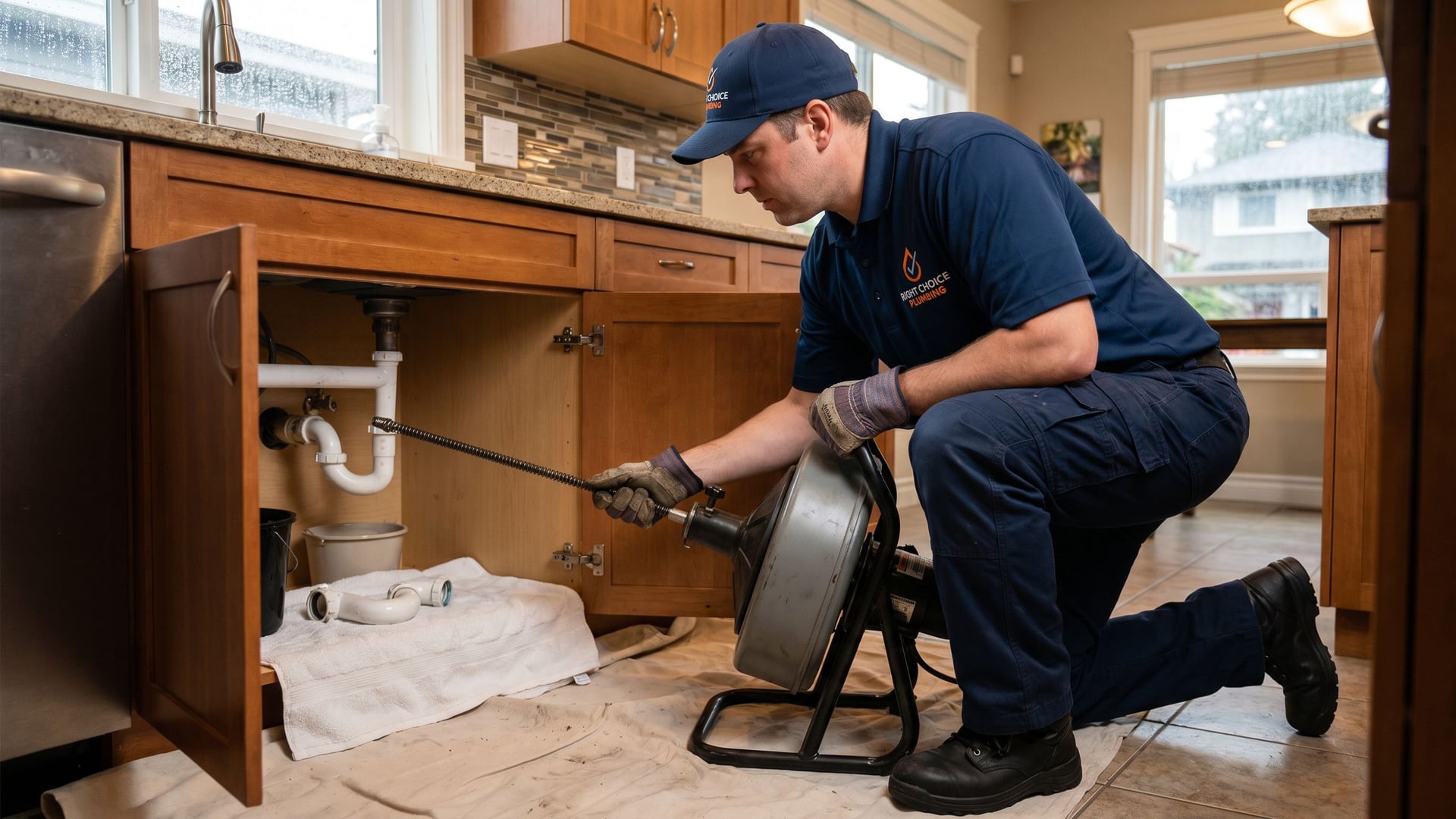 Right Choice Plumbing plumber running a drain auger during a drain cleaning service in a Vancouver kitchen
