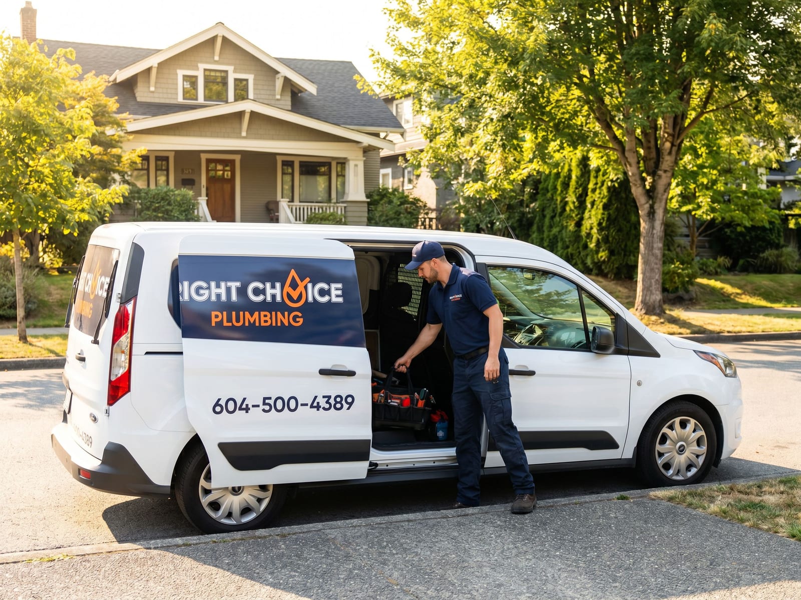 Right Choice Plumbing service van at a Vancouver drain hookup & installation call