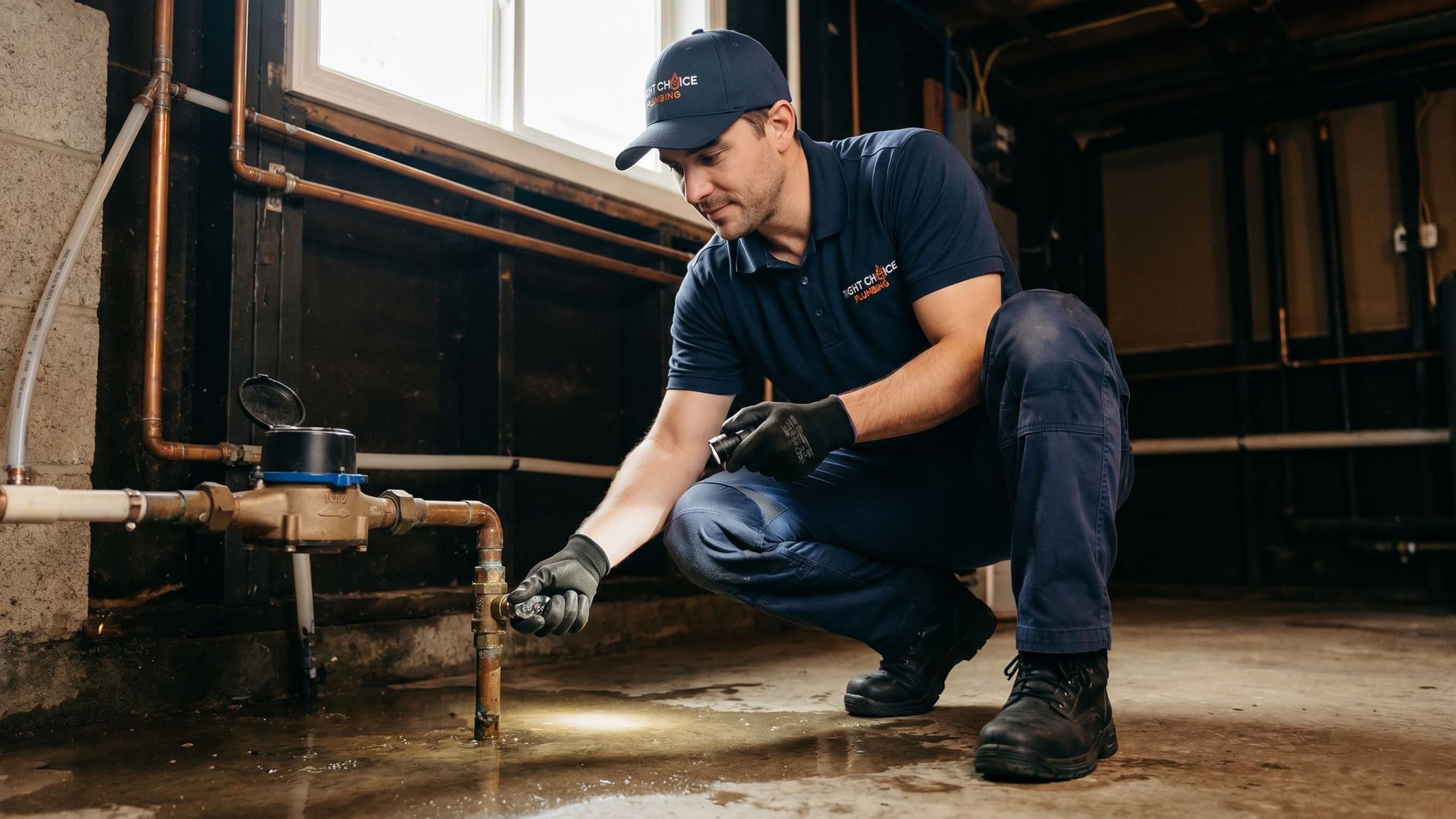 Emergency plumber from Right Choice Plumbing shutting off a burst pipe in a Vancouver home