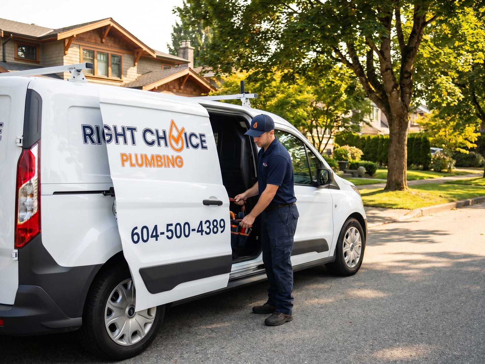Right Choice Plumbing service van at a Vancouver hot water tank replacement & installation call