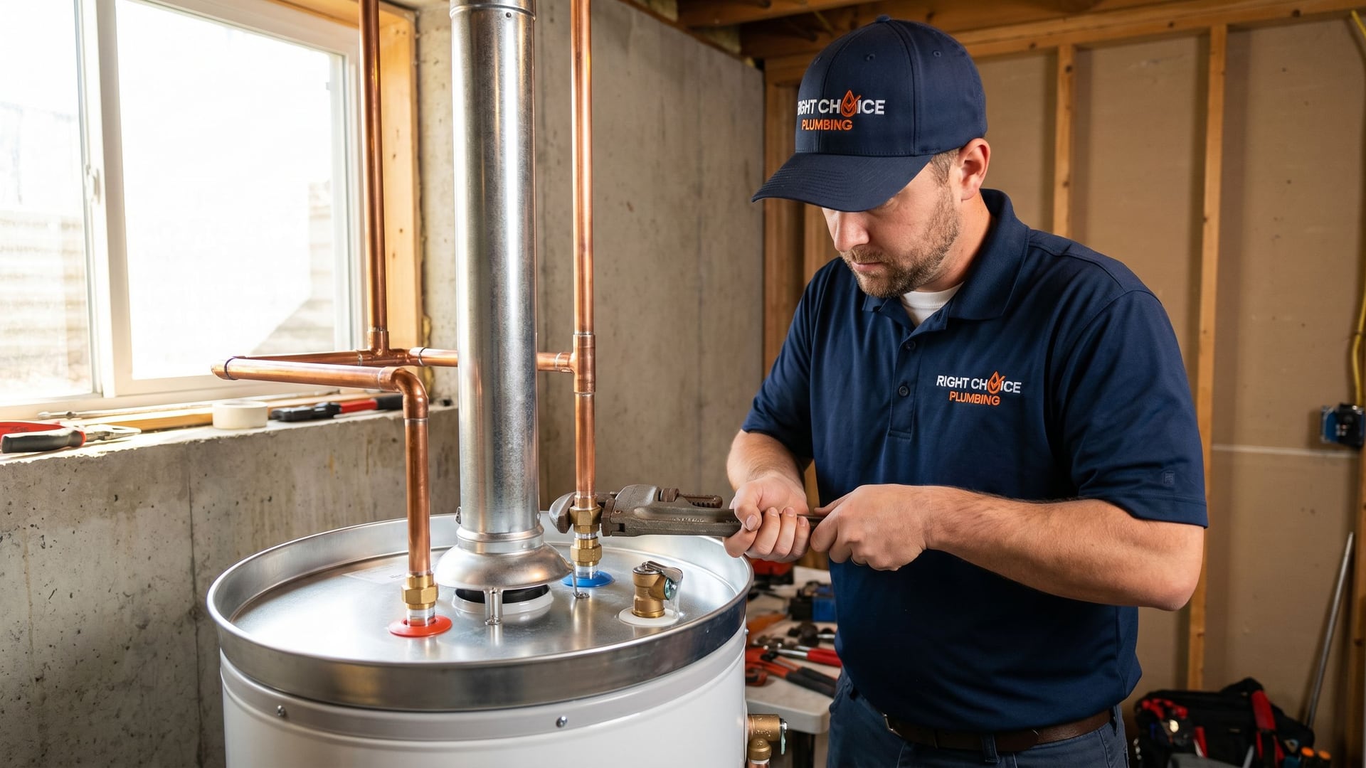 Right Choice Plumbing plumber finishing a new gas hot water tank replacement and installation in a Vancouver utility room