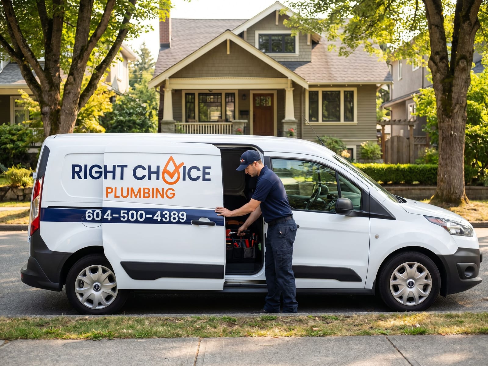 Right Choice Plumbing service van at a Vancouver hot water tank repair call