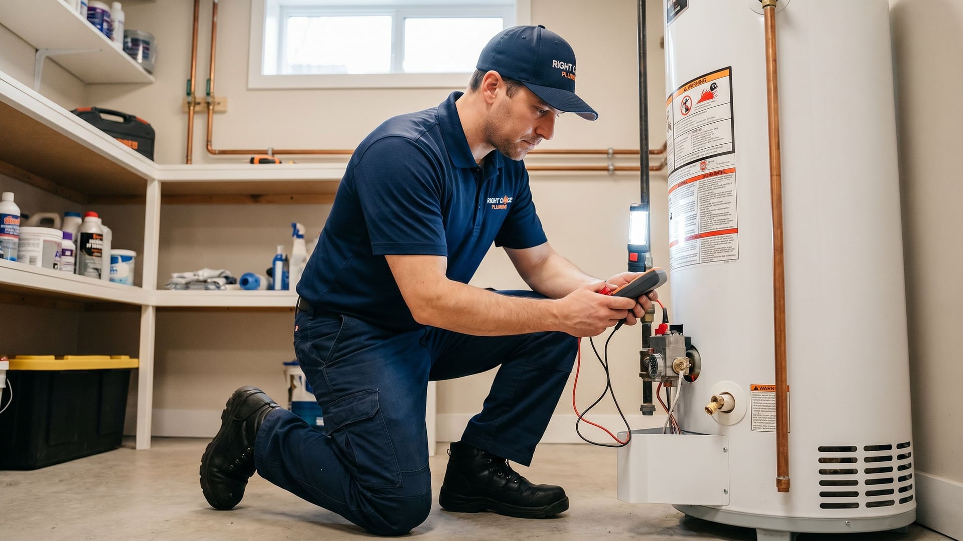 Right Choice Plumbing plumber inspecting a gas hot water tank during a hot water tank repair in Vancouver