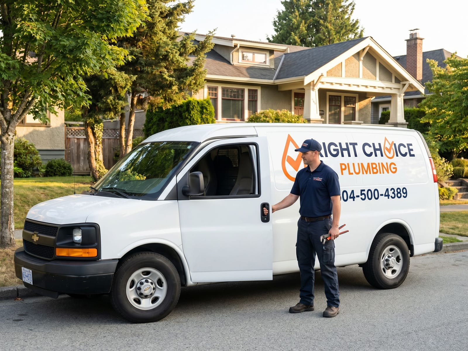 Right Choice Plumbing service van at a Vancouver perimeter drainage service call