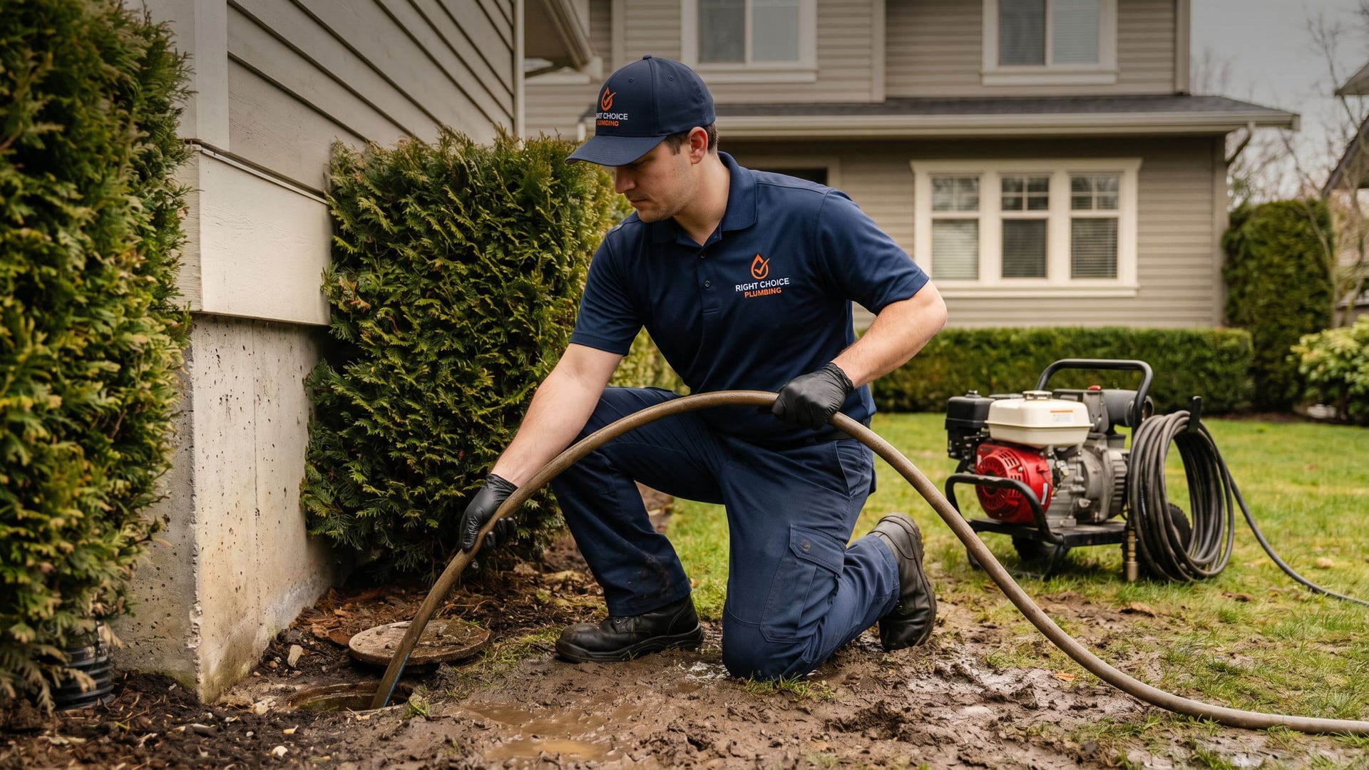 Right Choice Plumbing crew working on a perimeter drainage repair at a Vancouver home foundation