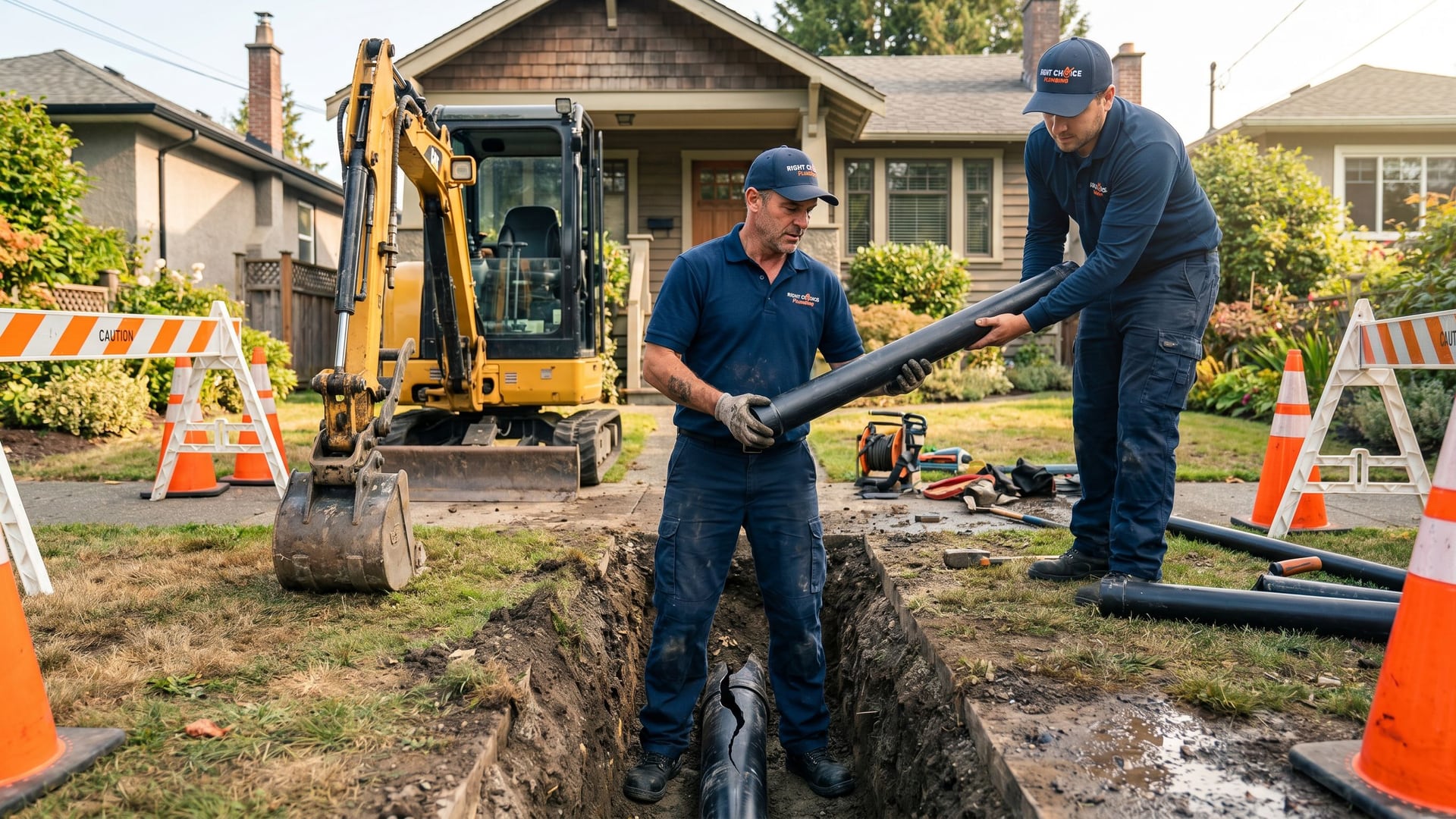 Right Choice Plumbing technician performing a sewer line repair excavation outside a Vancouver home