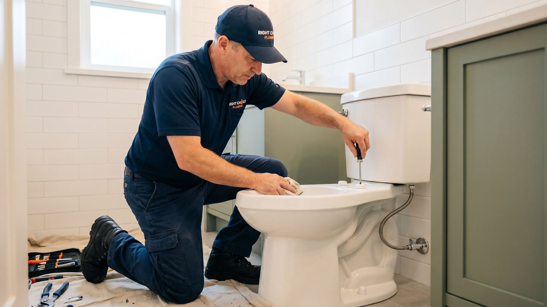 Right Choice Plumbing plumber completing a new toilet installation in a Vancouver bathroom