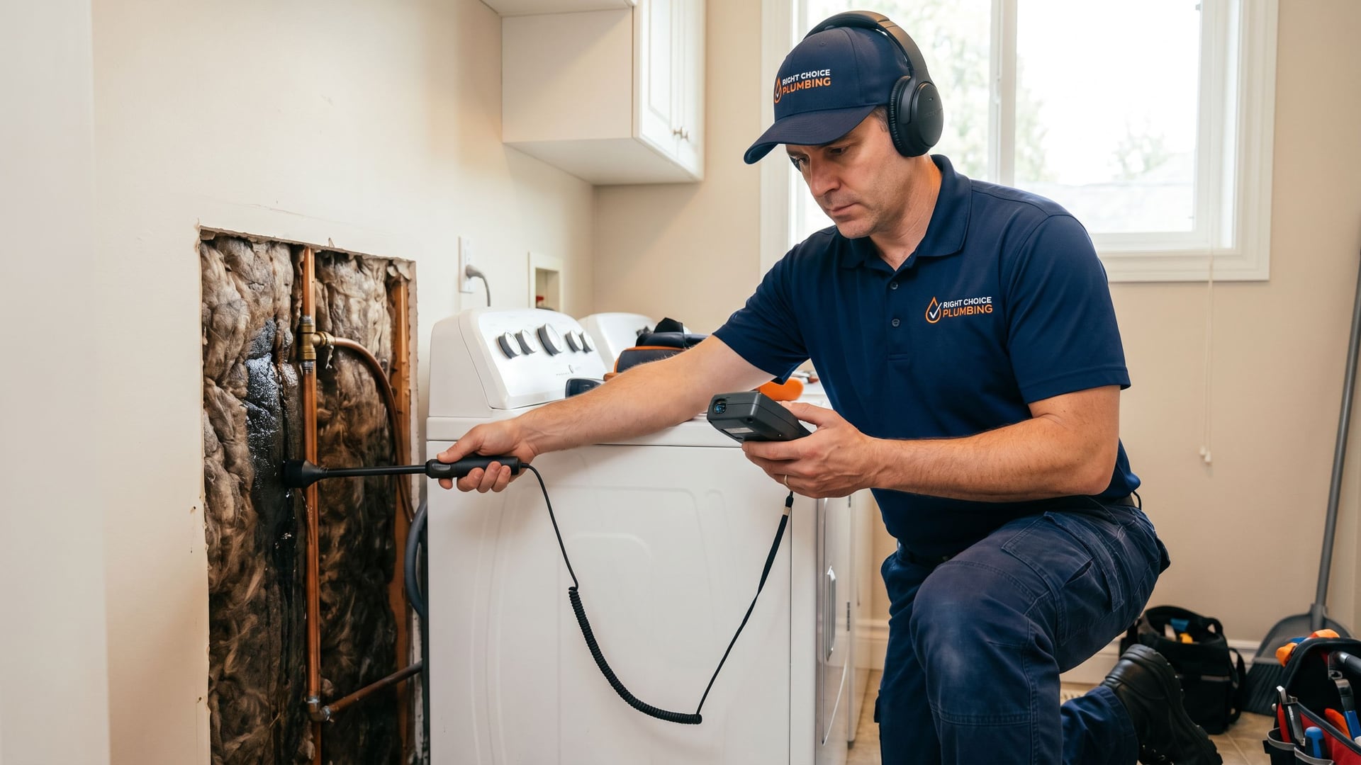 Right Choice Plumbing plumber locating a hidden water leak inside a wall during a water leak repair in Vancouver